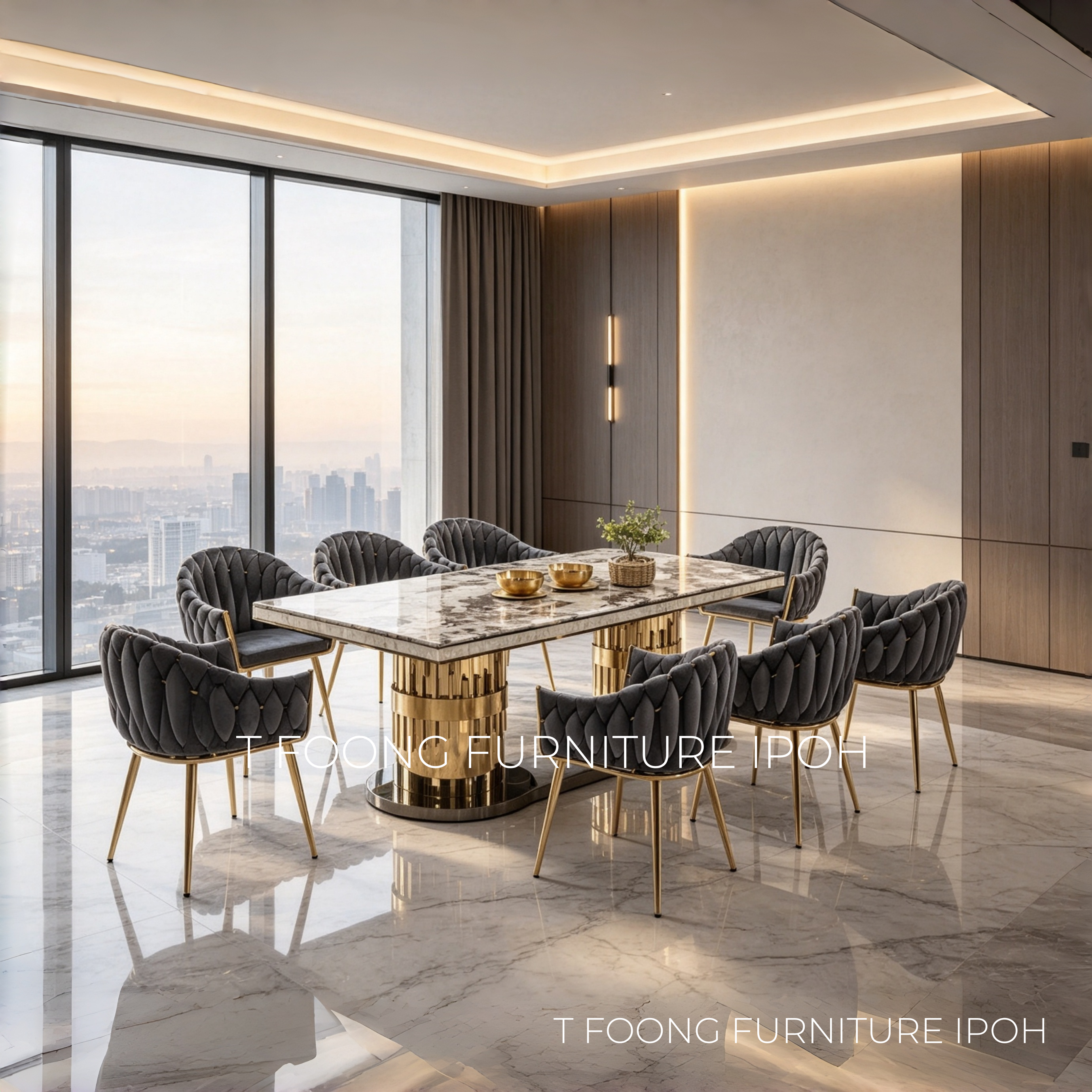 Vennes Grey Marble Textured Top Table Italian Luxury 8-Seater Dining Set