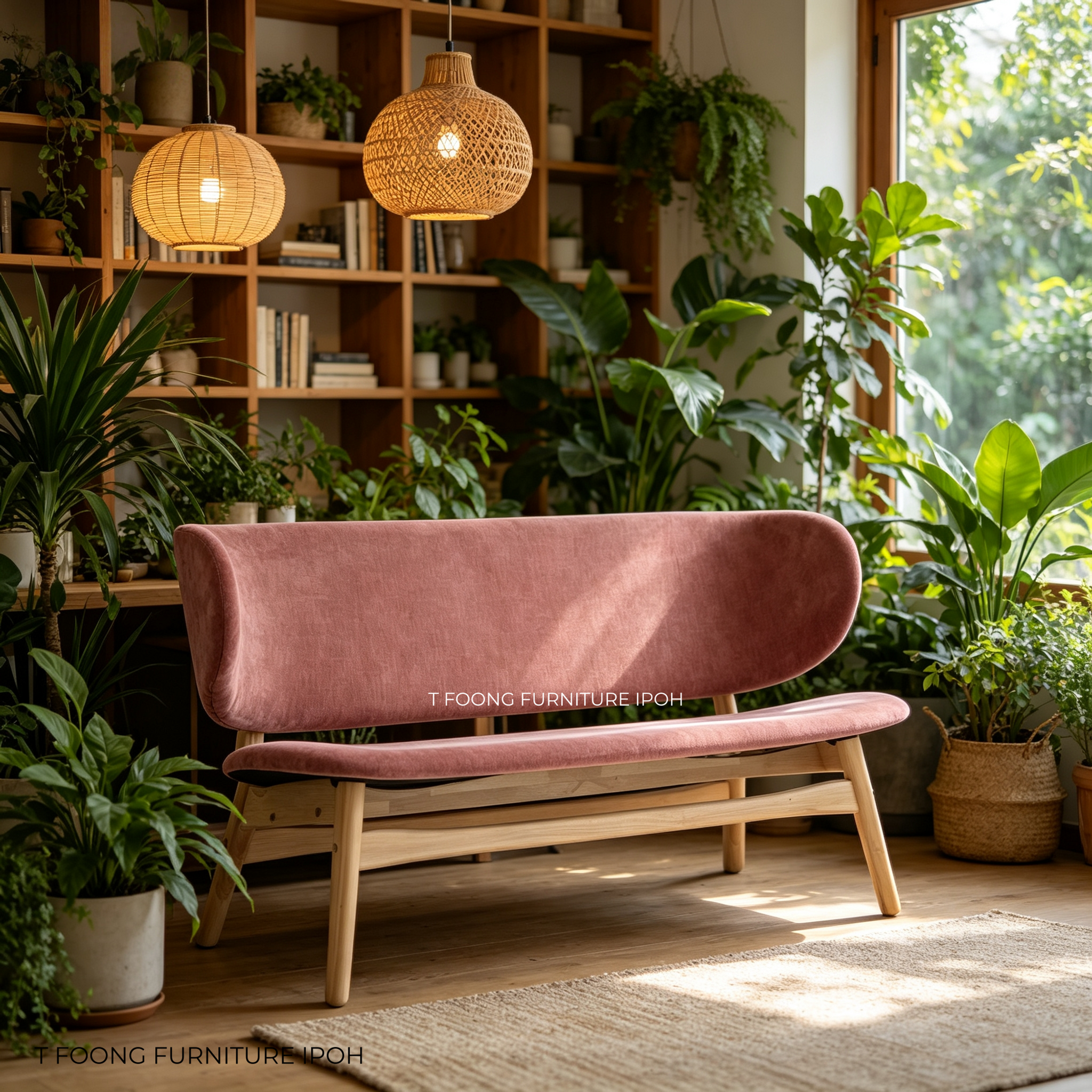 Pink mid-century curved sofa in a room with plants