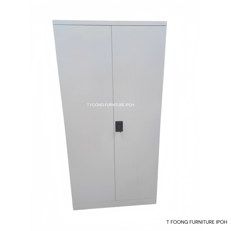 Thumbnail: Tall grey metal two-door storage cabinet with lock.