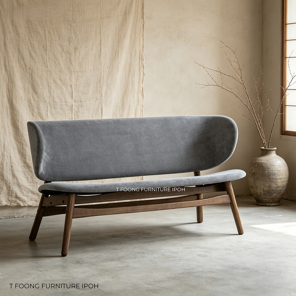 Thumbnail: Curved gray mid-century modern bench with wooden legs
