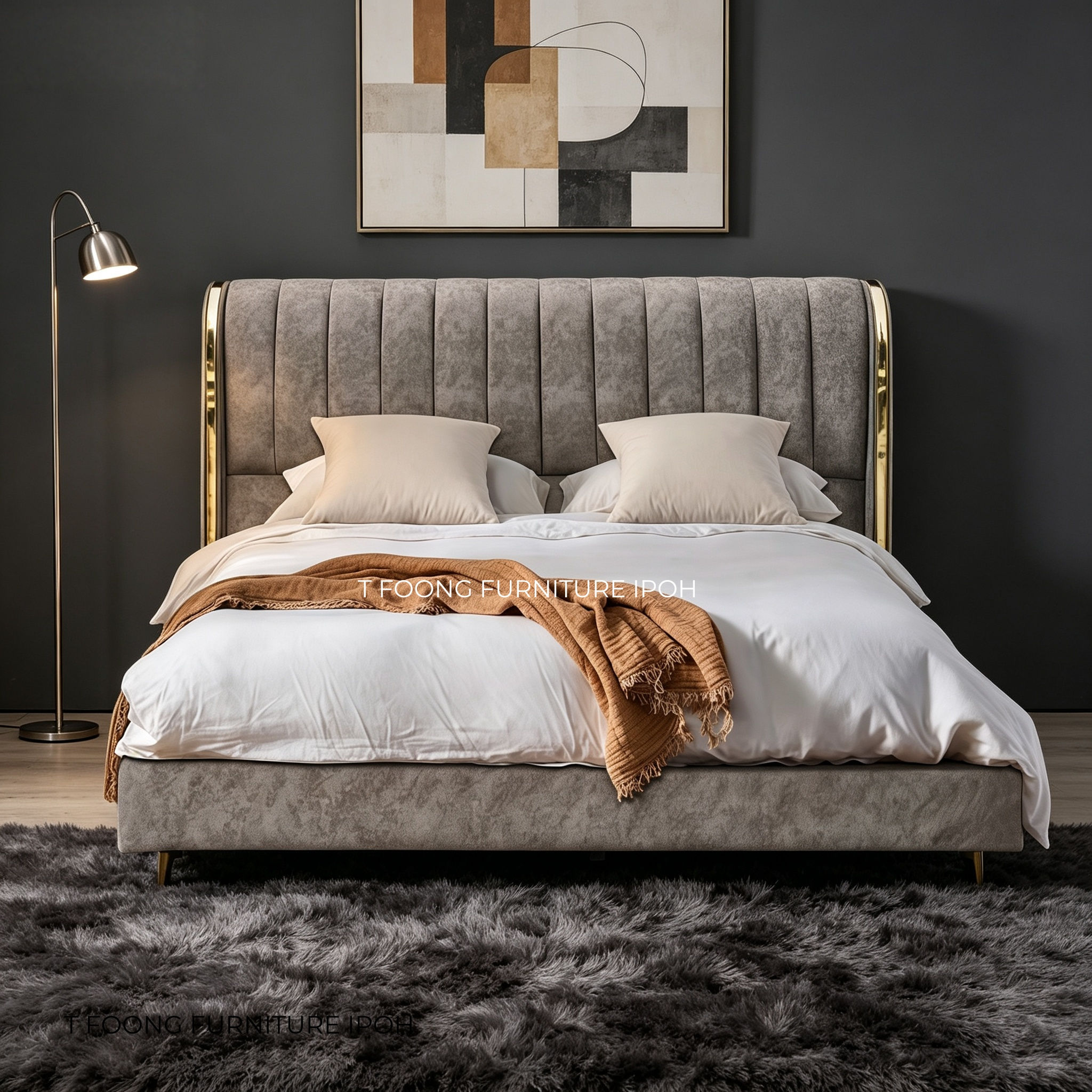 Imperial Gold-Trim Fluted Metallic Accents with Customizable Fabric Bedframe