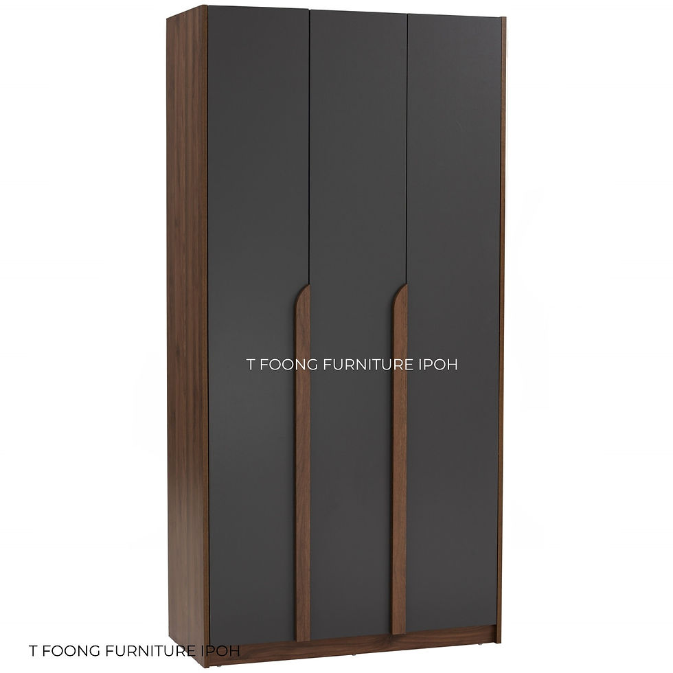 Thumbnail: Modern three-door wardrobe with dark grey panels and wood trim