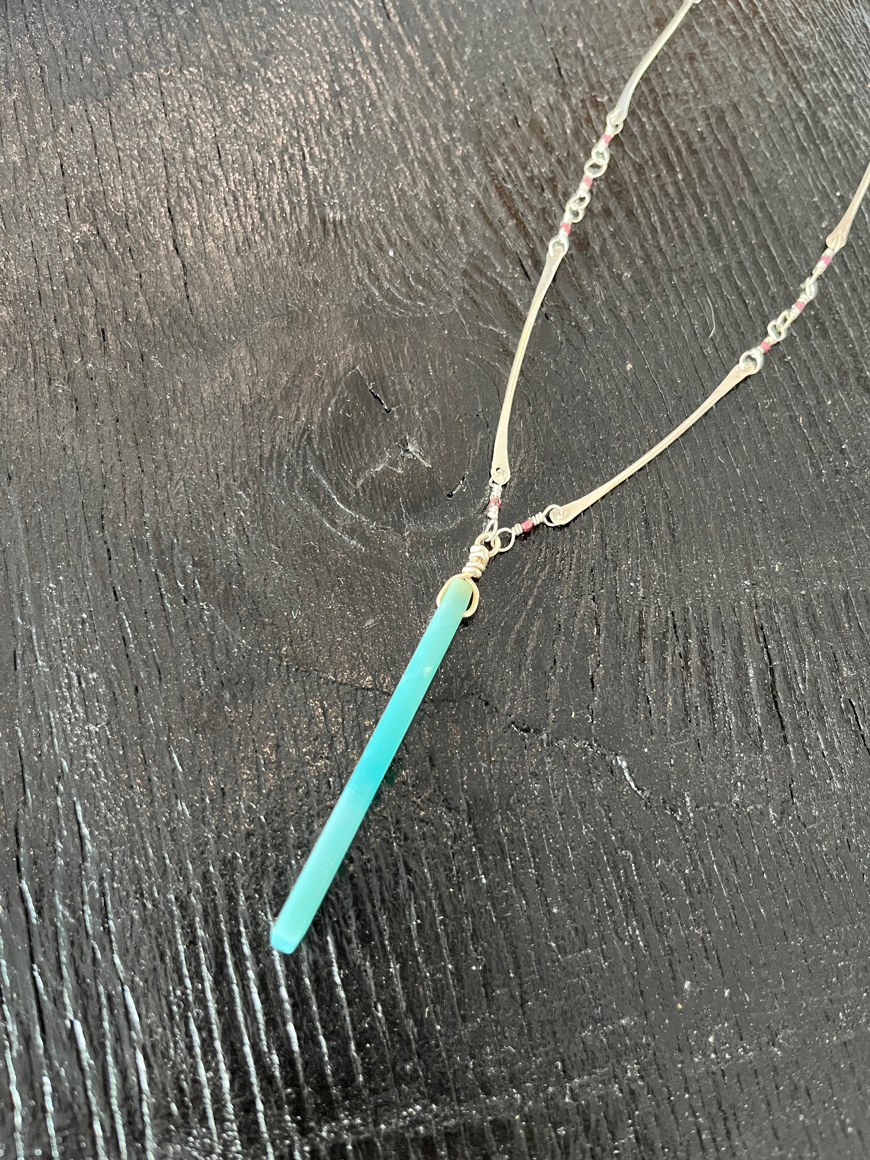 Long Amazonite and Garnet Necklace /Sterling Silver