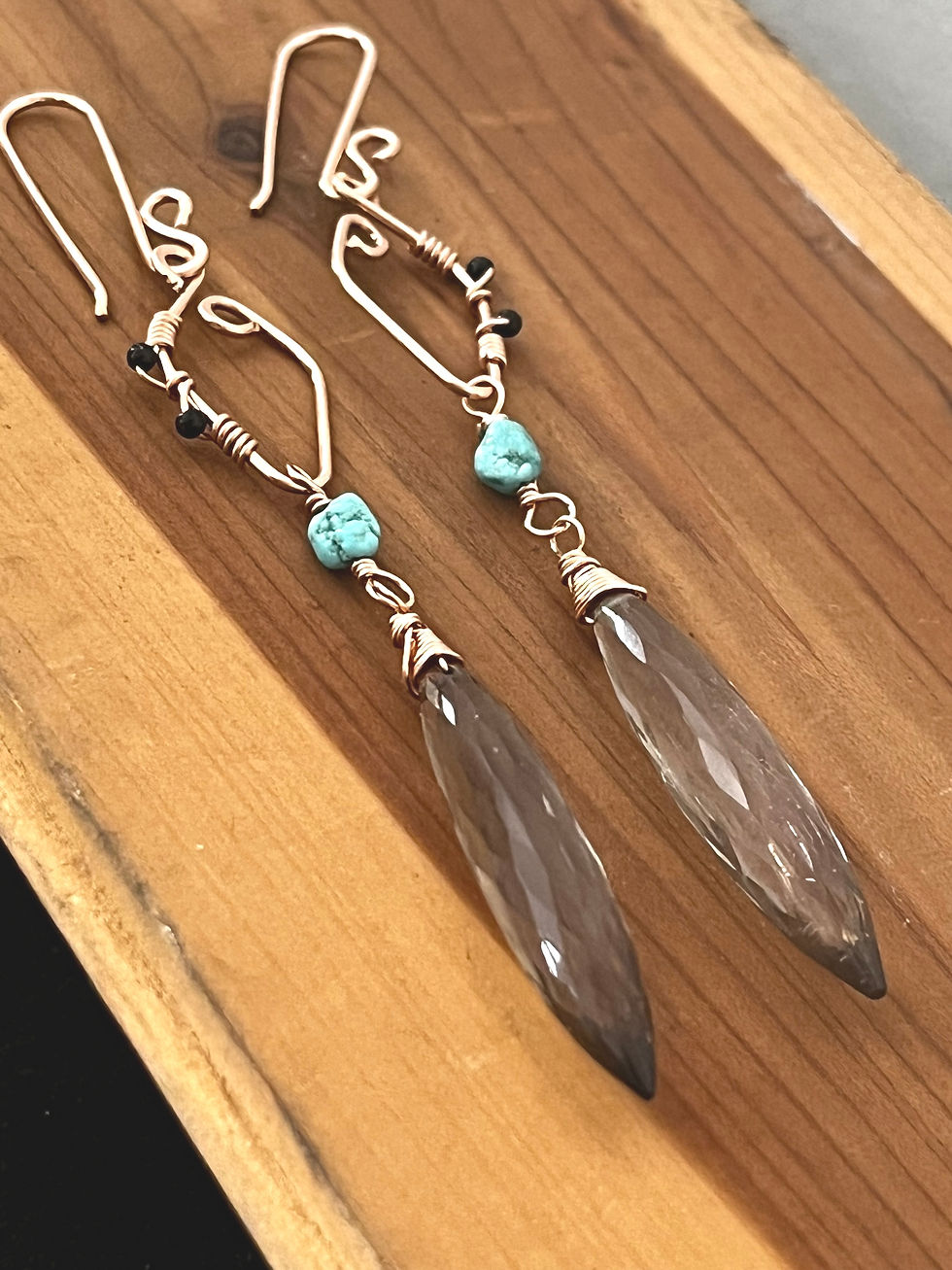 Thumbnail: Smokey Quartz and Turquoise and Black onyx Earrings /Rose Gold