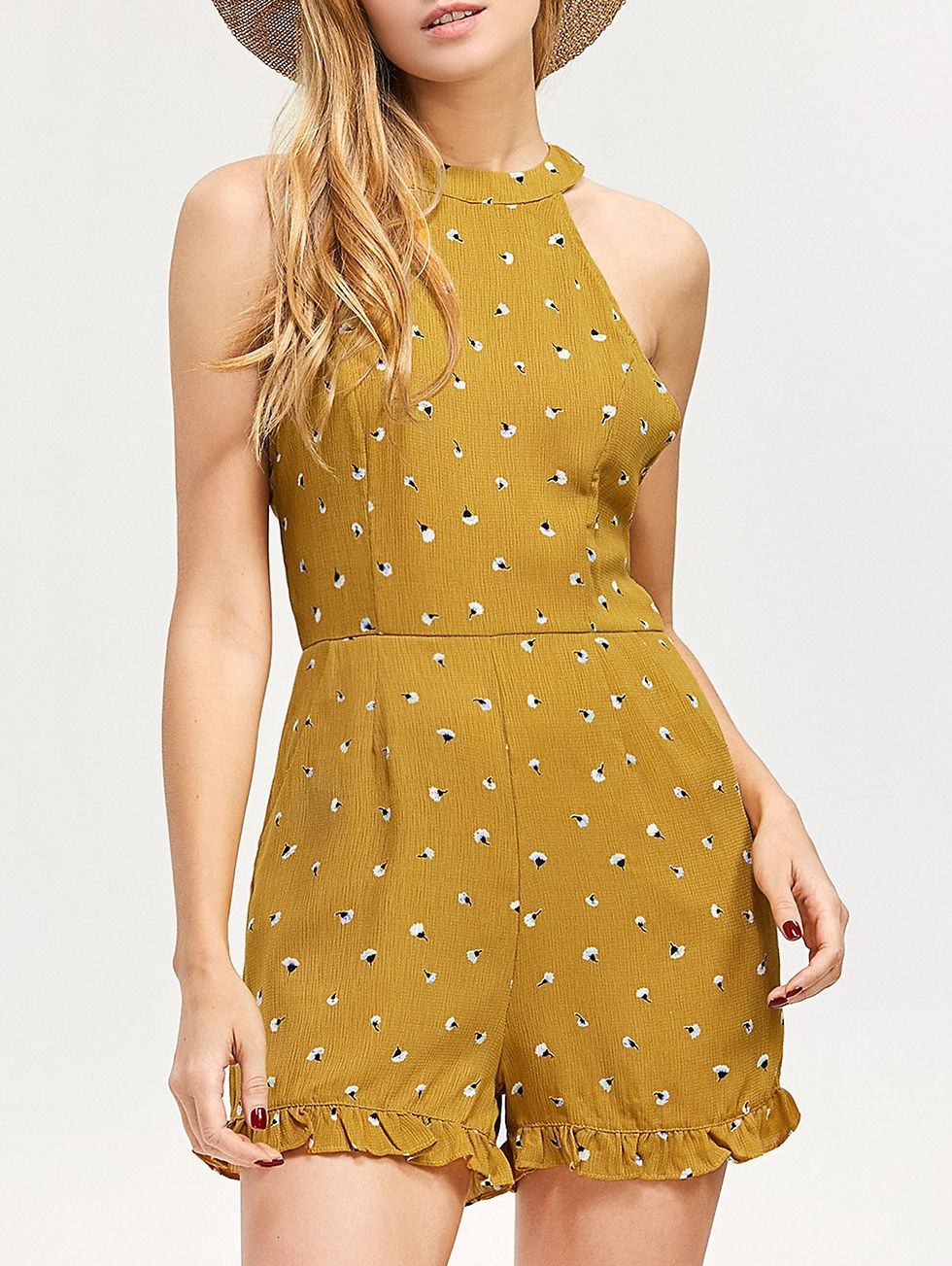 Printed Ruffled Backless Romper
