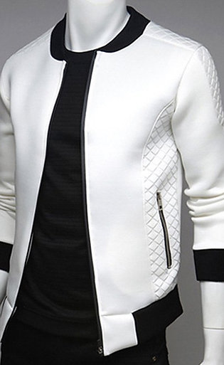 Stand Collar Argyle Splicing Rib Zip Up Jacket