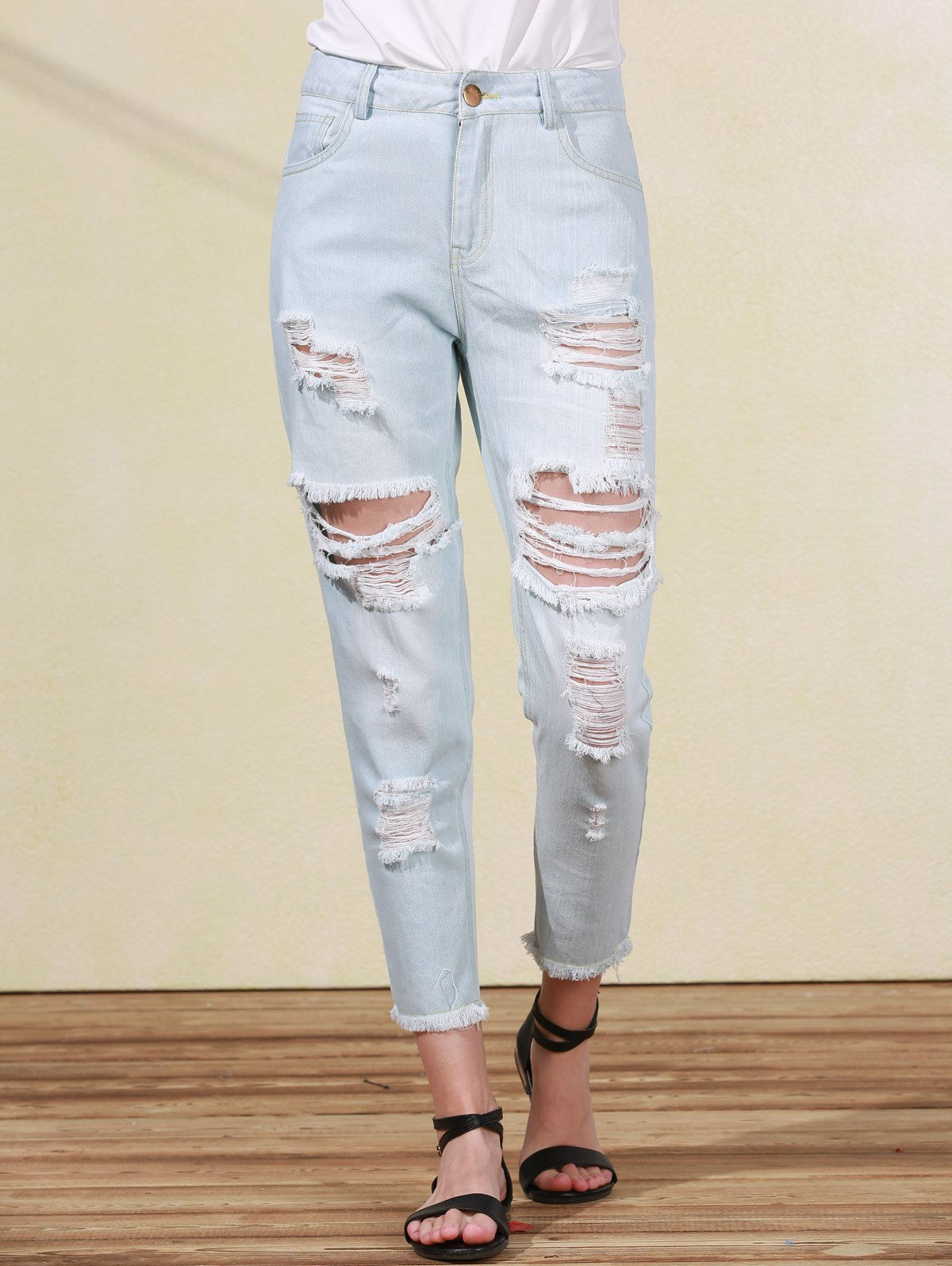 Trendy Bleach Wash Frayed Ripped Jeans