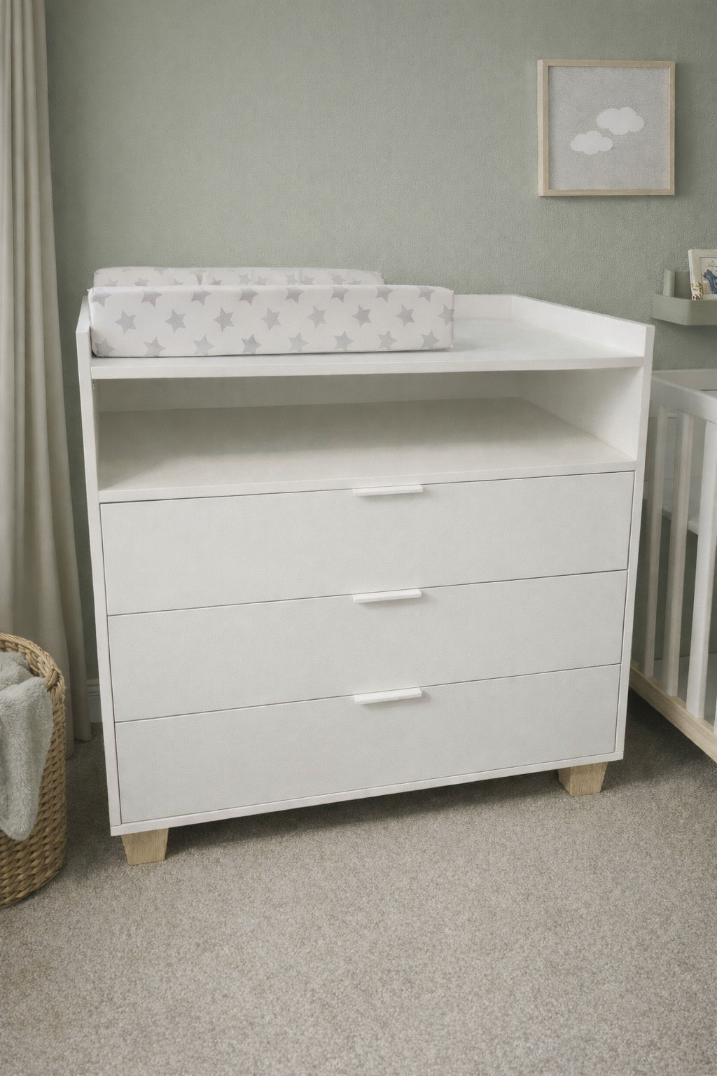 Baby Compactum with Three White Drawers  & Open Shelf
