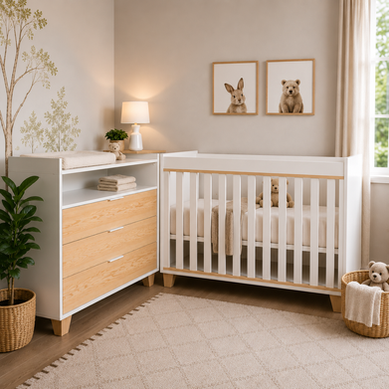 Modern nursery featuring a white baby cot and matching compactum with wooden drawer fronts, changing station, nursery storage, teddy bear décor, and neutral styling