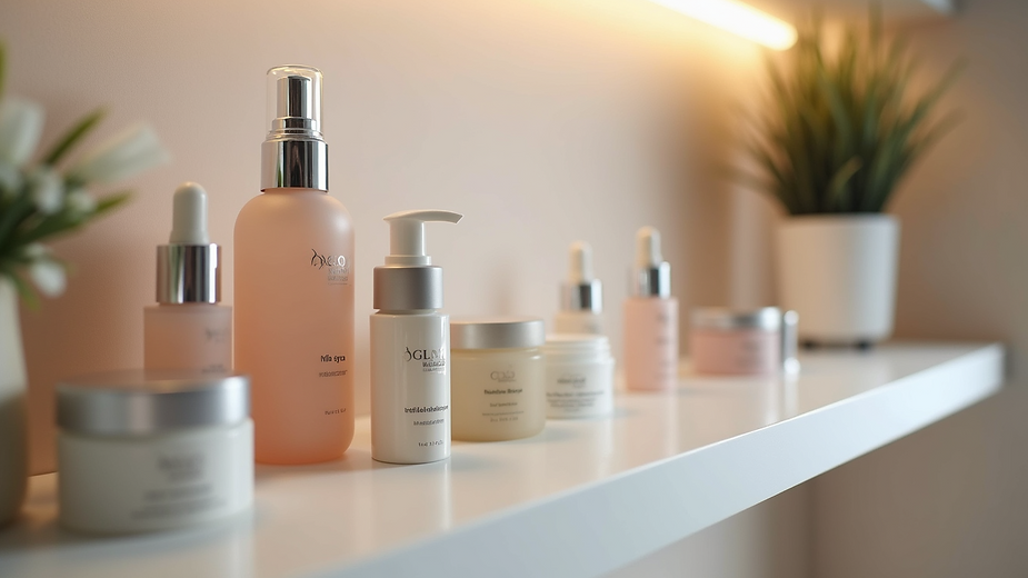 Close-up view of treatment products and tools on a shelf at Glo Medical Spa
