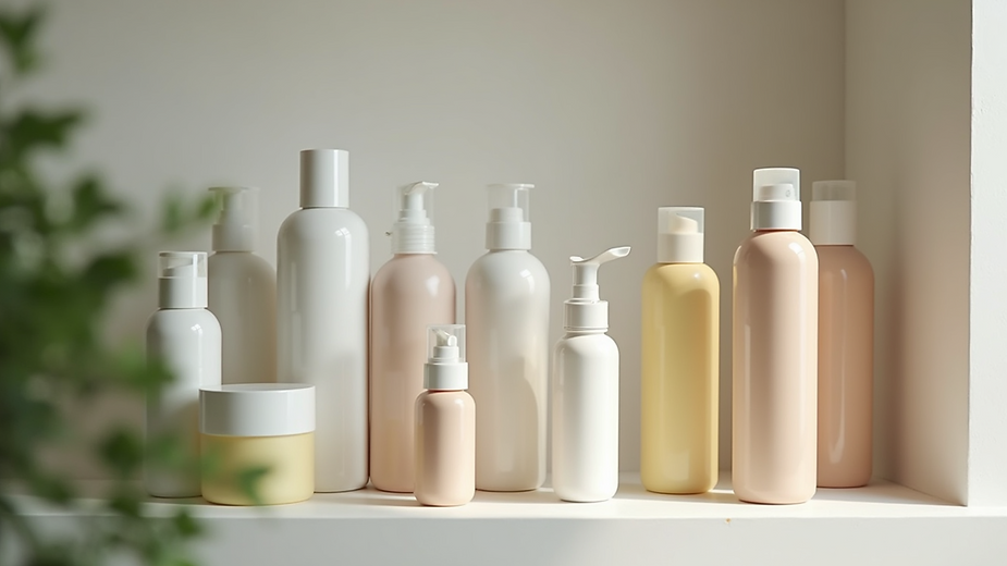 Close-up view of skincare products neatly arranged on a shelf