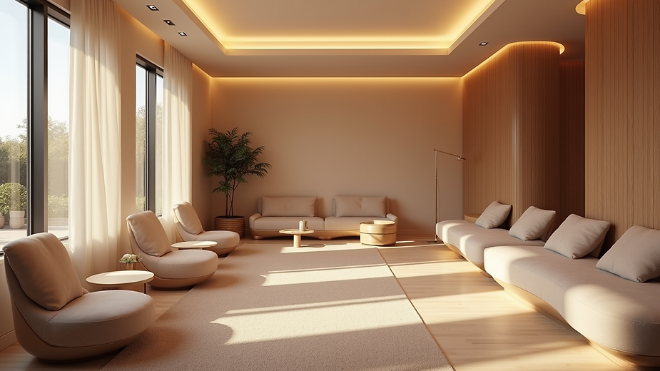 Wide angle view of a serene relaxation area with plush seating at Glo Medical Spa