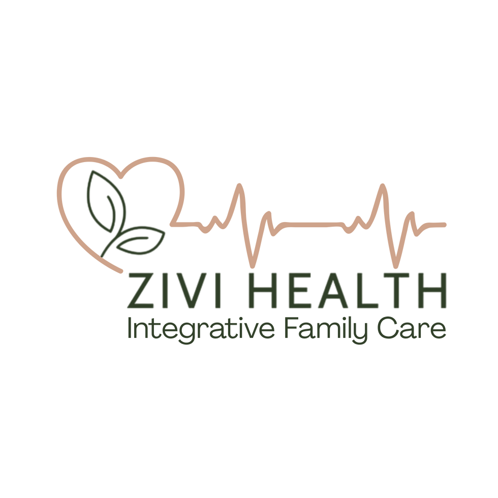 Logo of Zivi Health, showcasing integrative family care with a design featuring a heart, leaves, and a heartbeat line.