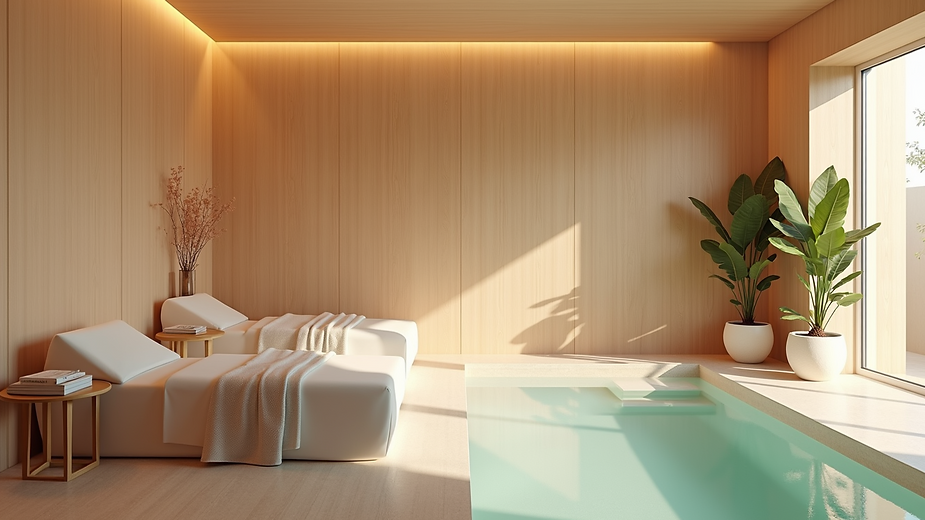Wide angle view of Glo's calming spa interior