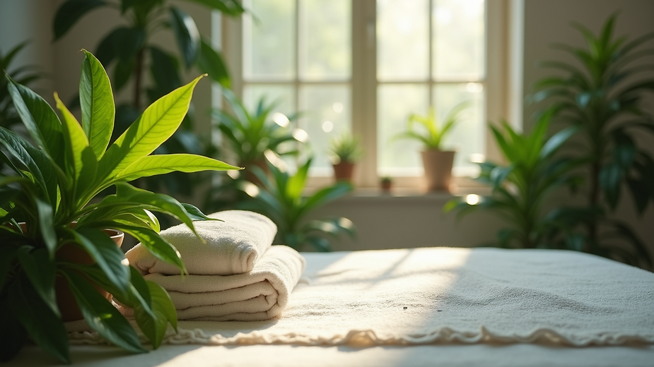 Close-up view of a tranquil treatment room with lush plants