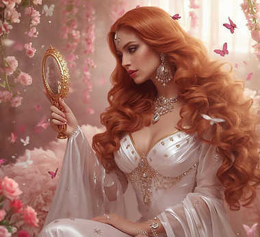 A beautiful Arabic woman, depicted as a divine goddess, with long, floor-length curly ging