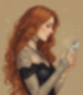 A long, wavy hair, ginger, mystical goddess, witch, side profile with tattoos, wearing bla