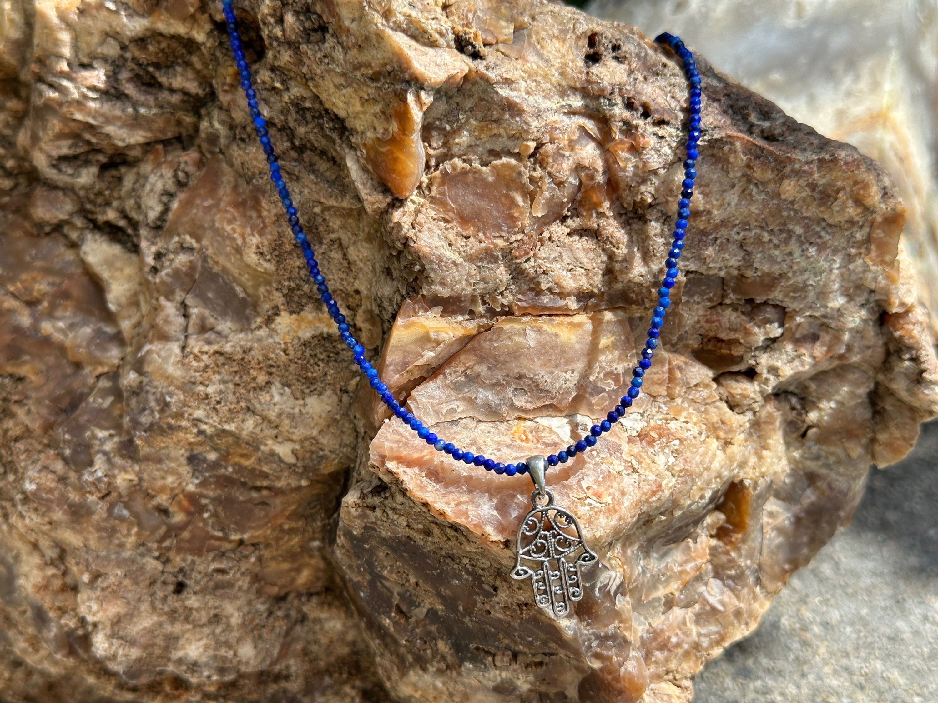 Delicate beaded lapis necklace with sterling silver hamsa