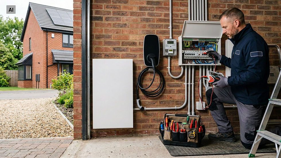 A qualified electrician inspecting a modern electrical installation with EV charging, solar power and battery storage systems.