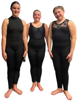 Three teenage dancers, dressed in black leotards of various styles, and with black full length leggings. They are each barefoot, as this is the requirement for Acro examinations.