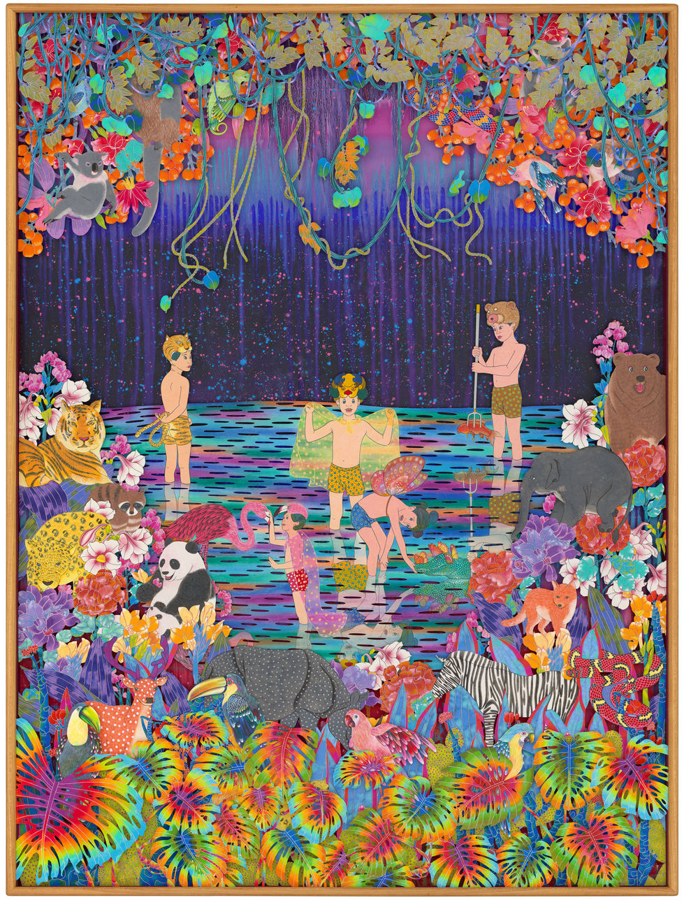 Law of the Jungle, 2020, Chinese Mineral Pigment on Paper and Silk, 63.0_ × 47.2"