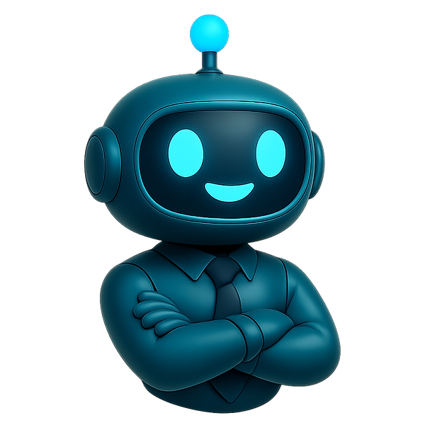 Mascotte robot Scallfast, illustration futuriste avec bras croisés, représentant l’intelligence, la tech et l'innovation