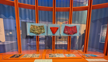 Display cases in 'Splash!' showcasing men's swim trunks and briefs, alongside archival material.