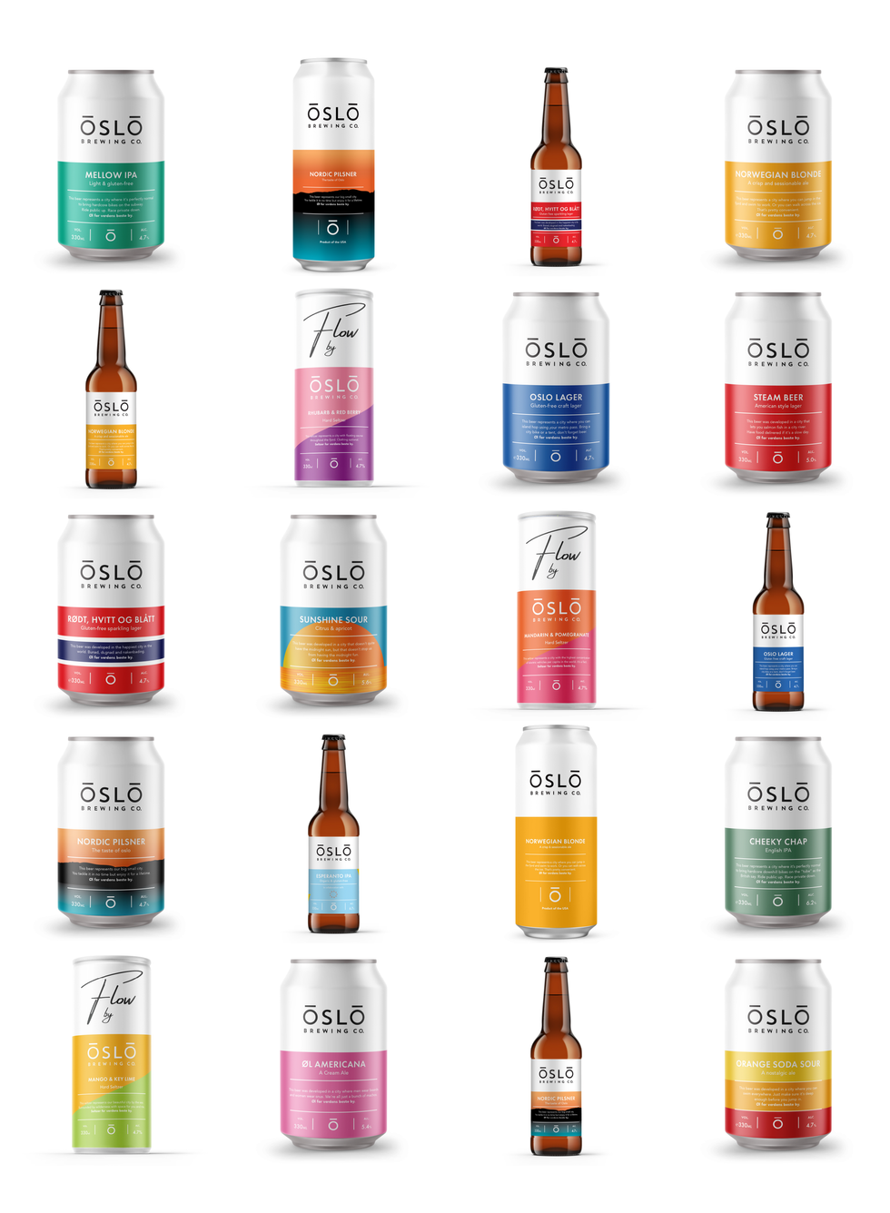 Produktsortiment med etikettdesign för Oslo Brewing
