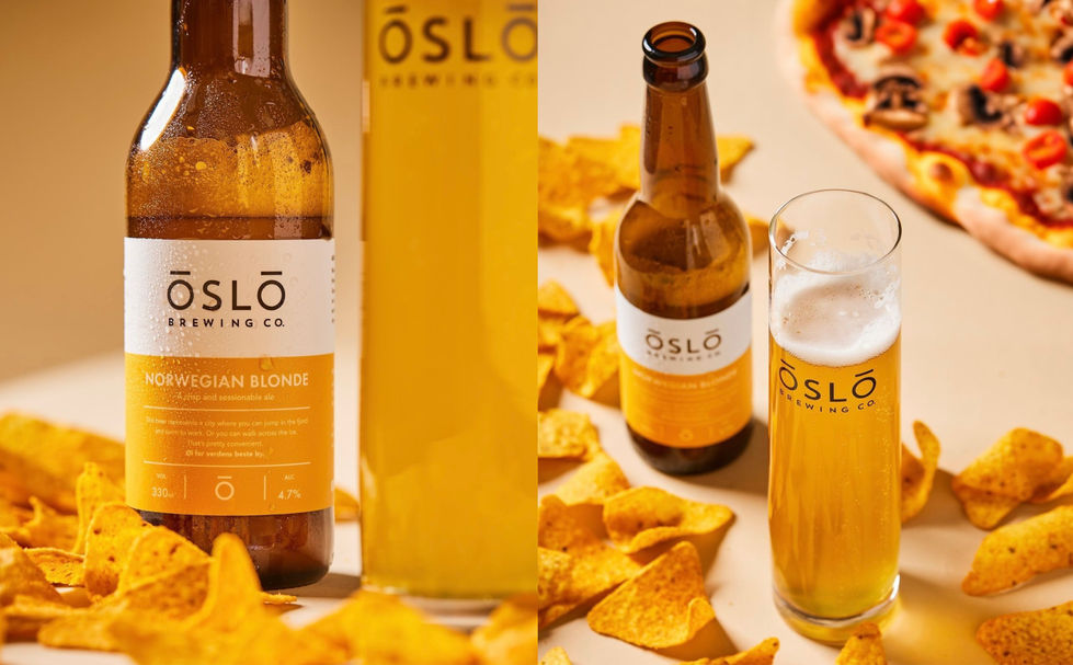 Flaskdesign med ölglas fotade i en restaurangmiljö för Oslo Brewing