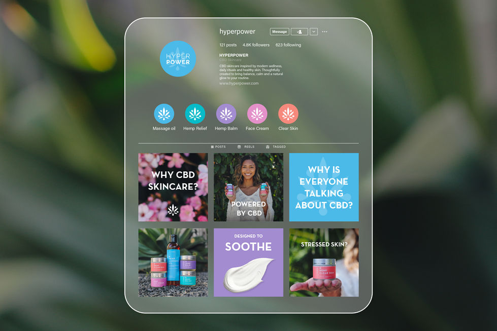 Mockup av Instagramflöde för HyperPowers CBD-hudvårdsserie