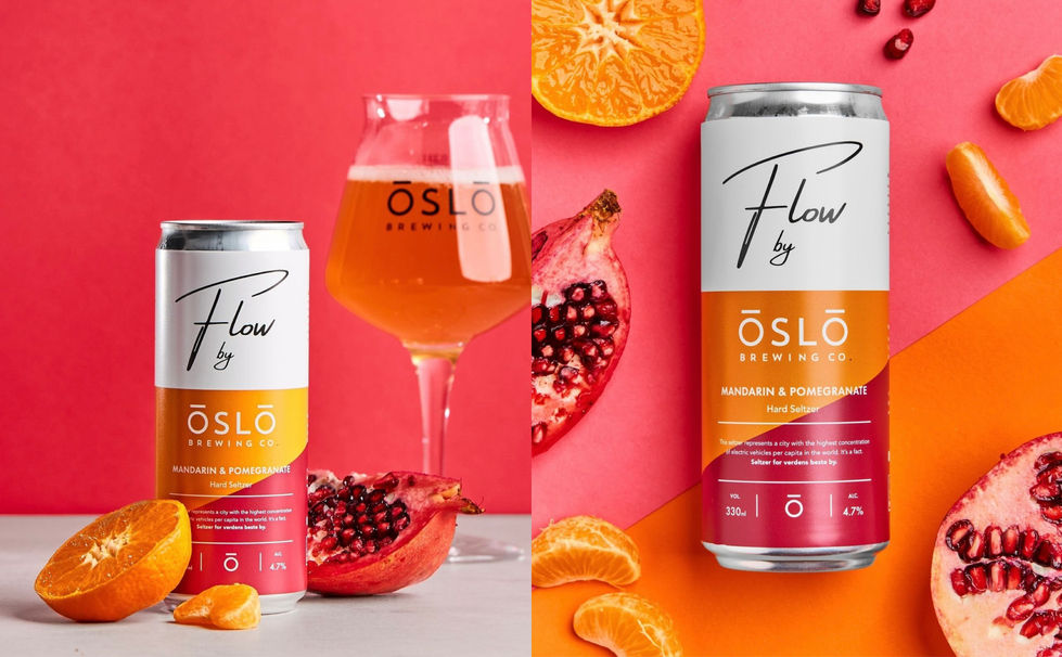 Färgstarkt ölkoncept för Oslo Brewing med citrus och granatäpple i bakgrunden
