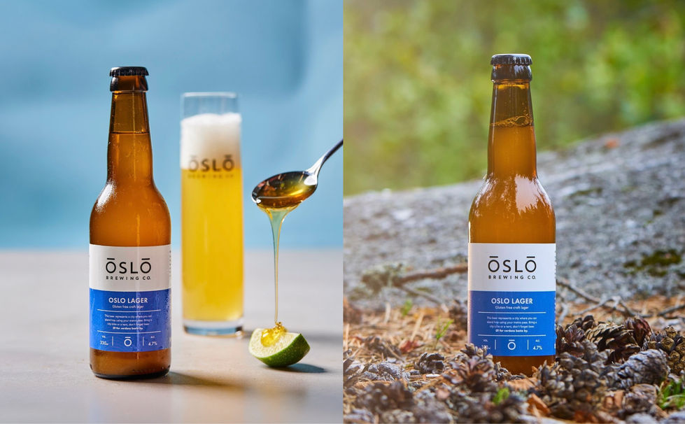 Blå flaskdesign och ölservering för Oslo Brewing