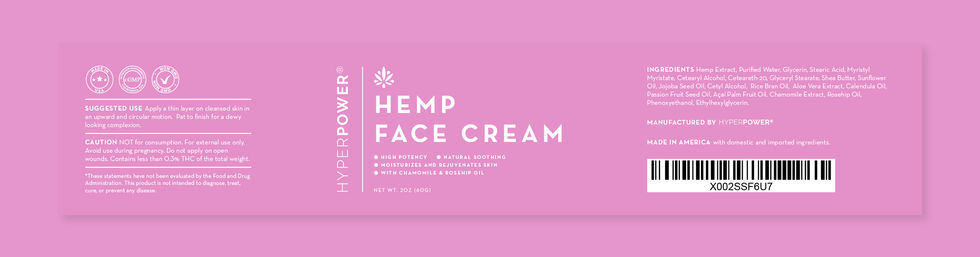 Etikettdesign och layout för HyperPowers CBD-produkt Hemp Face Cream
