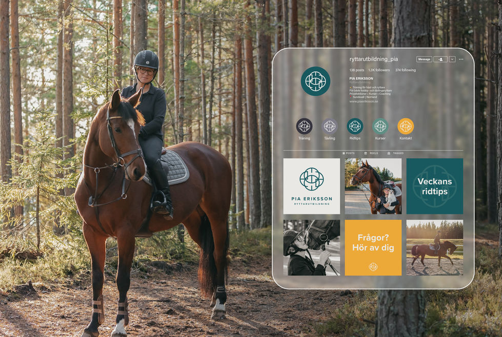 Mockup av Instagram-flöde placerad över bild med Pia Eriksson