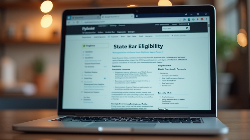 Close-up view of a laptop screen showing a state bar exam eligibility webpage