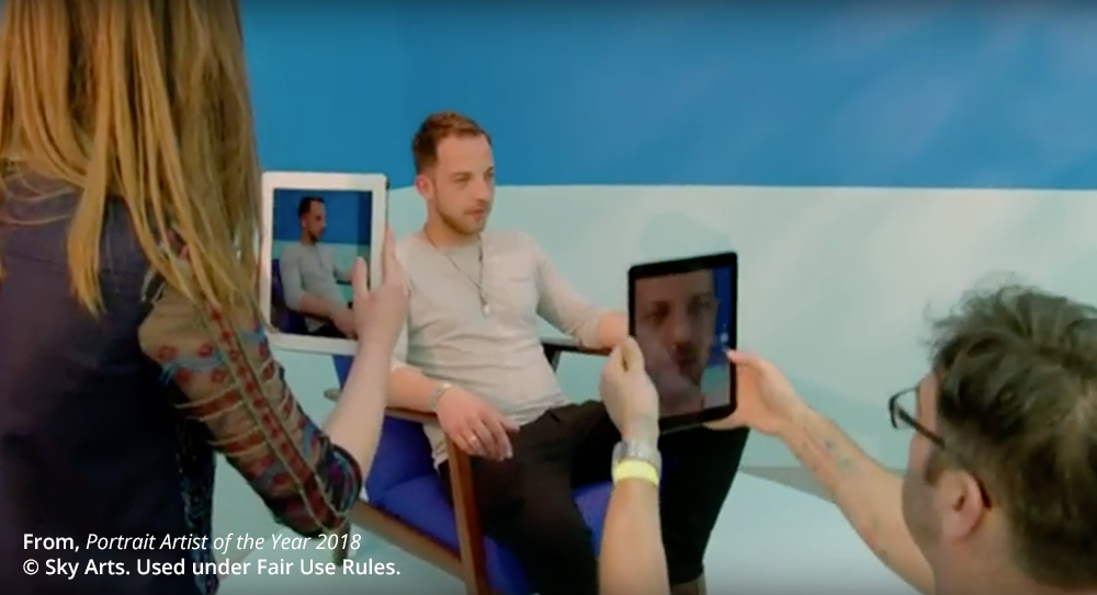 Portrait artists using cell phones to capture subject. From "Portrait Artist of the Year 2018" copyright Sky Arts. Under Fair Use Rules.