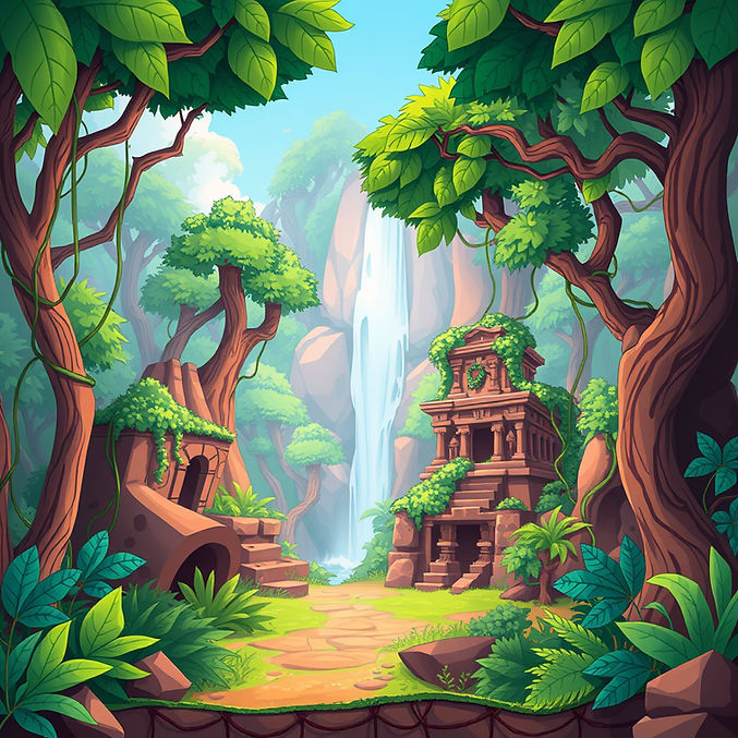 A colorful cartoon-style jungle with layered trees, vines, ancient ruins, and a waterfall