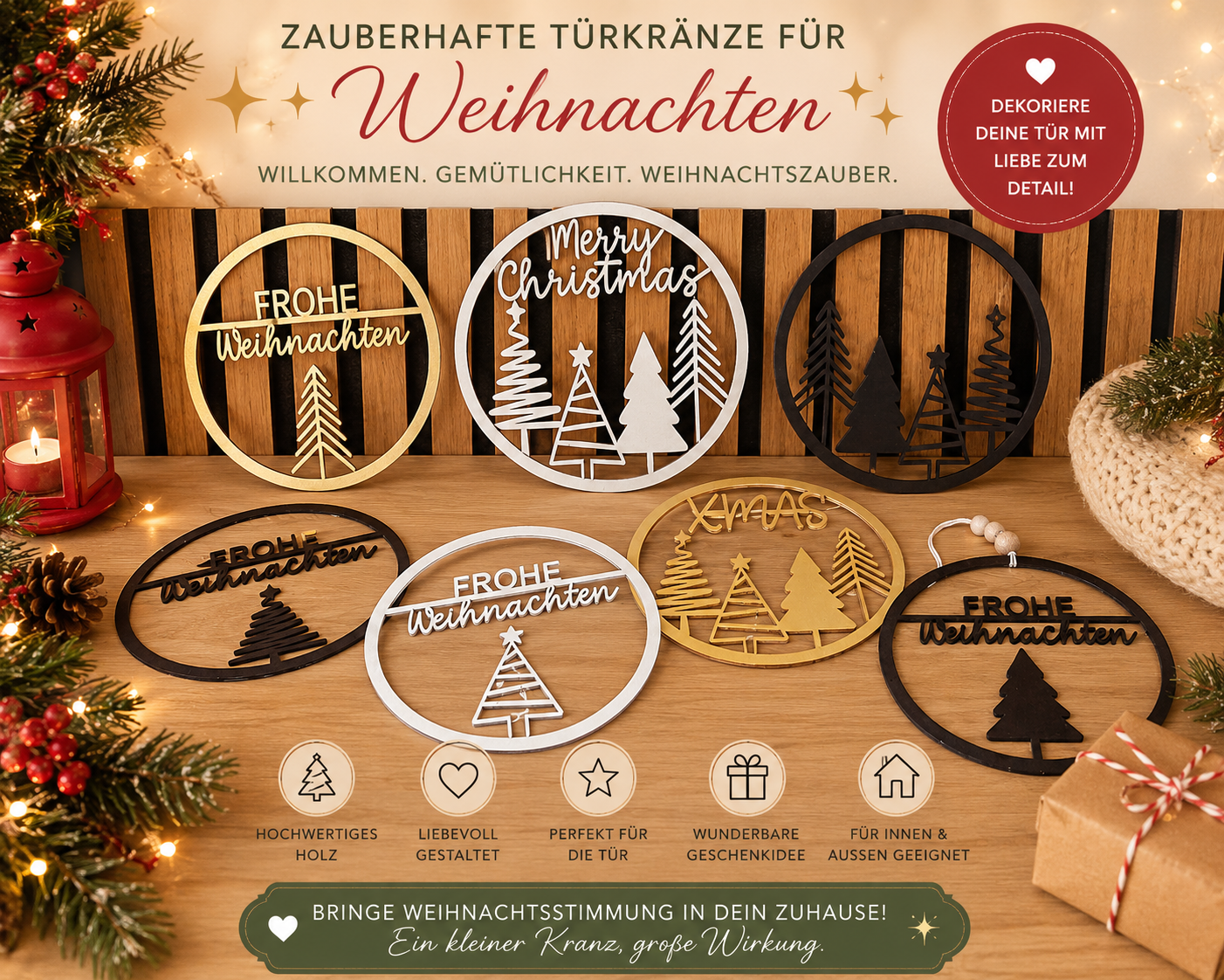 Weihnachtstürkranz aus Holz als Weihnachtsdeko für die Haustür