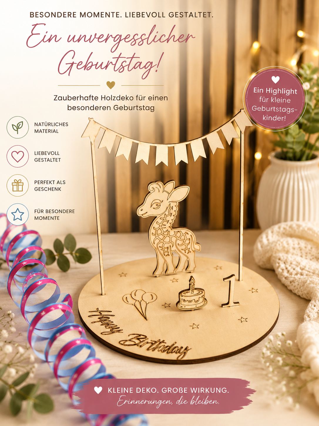 Personalisierter Geburtstagsaufsteller aus Holz für Kindergeburtstage