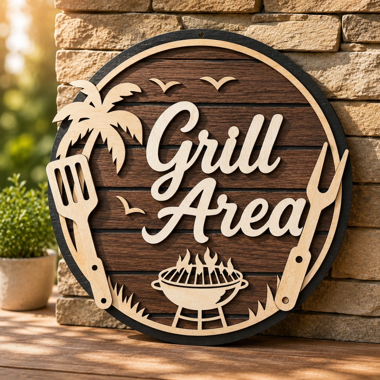 Rundes Holzschild „Grill Area“ aus Linde Naturholz mit Grillmotiv, Besteck und Palmen-Design für Grillplatz, Terrasse oder Ho