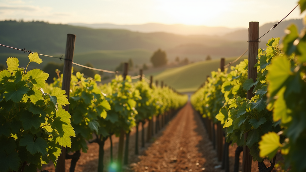Eye-level view of a vineyard with rolling hills in the background