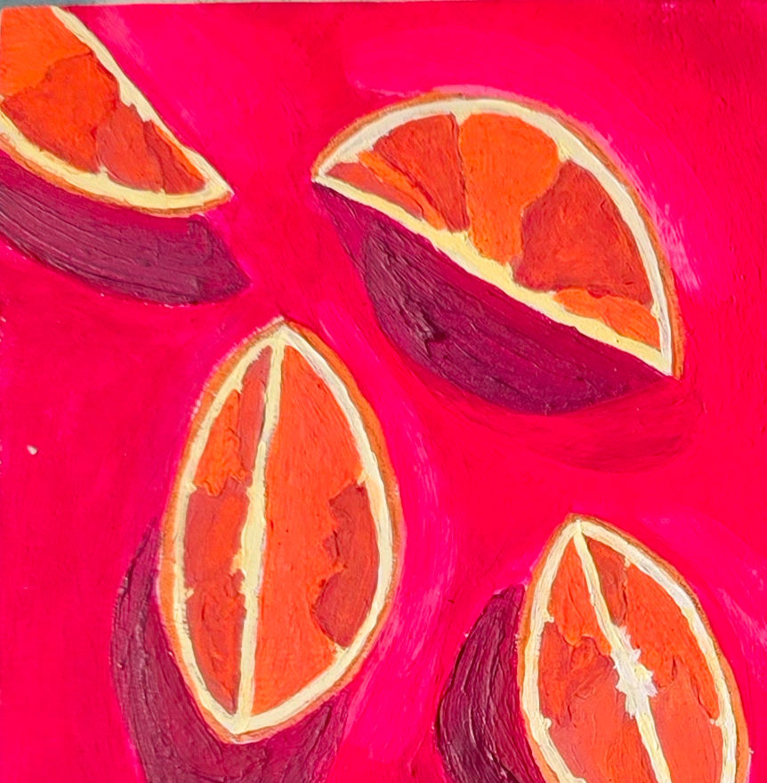 Close up citrus painting in vivid red and pink by Fort McMurray artist Jackie Morisette