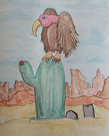 watercolor of a vulture sitting on a cactus