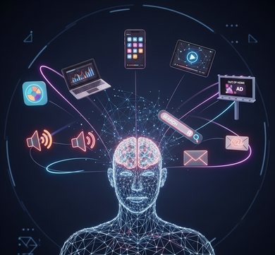 Ser humano em formato neon, pensando em email, audio marketing, buscas digitais, celular e em uma jornada de mídia desfragmentada.