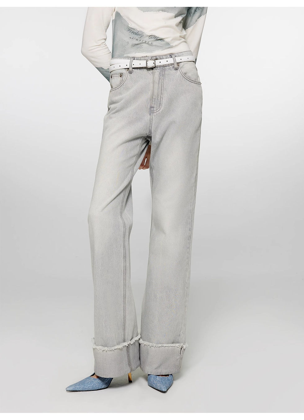 Miniaturbild: "Blues Time" Retro Washed Distressed Straight Flared Cuffed Jeans for Women