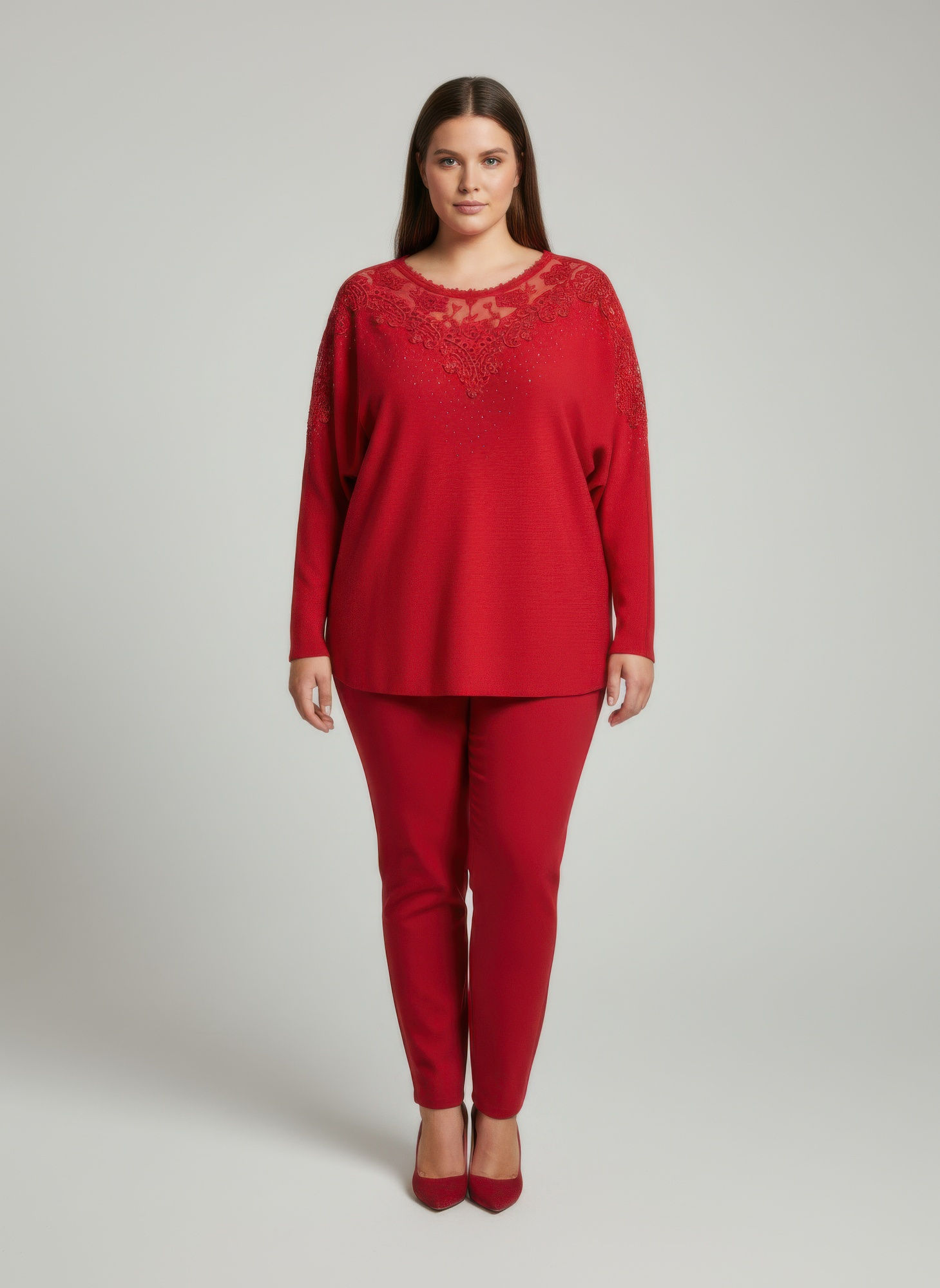 Crimson Lace Embellished Knit Tunic Top
