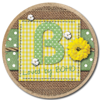 Circular logo with green B, "Loved by BOHO" on burlap, flowers.
