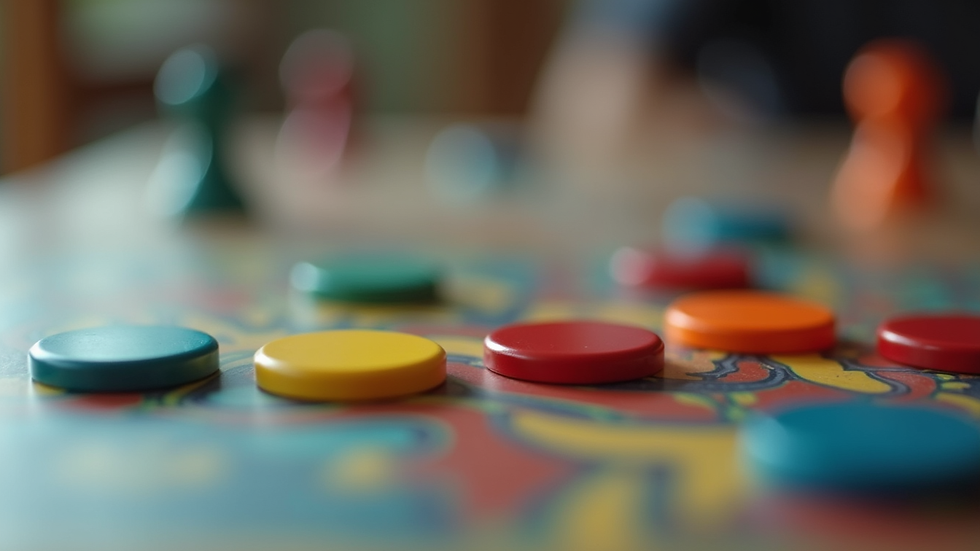Close-up de mesa com jogos de tabuleiro e peças coloridas