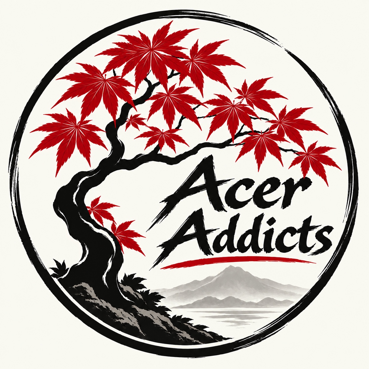 Acer Addicts logo featuring a red Japanese maple, mountain lake and sunset