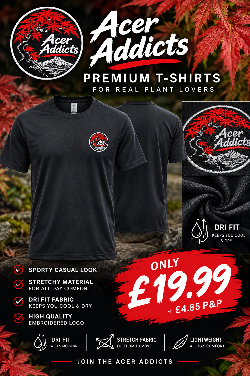 Acer Addicts premium Dri Fit T-shirt advert — sporty casual stretchy material, £19.99 plus £4.85 postage and packing